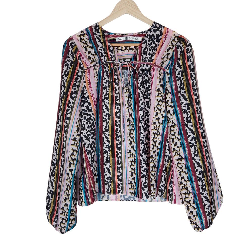 Marie Oliver Phoebe Blouse Small Black Pink Tie Neck Leopard Boho Peasant Top